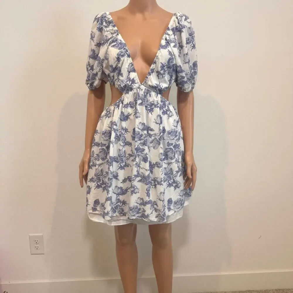 Bardot 8 L Eden floral v front open back puff sleeve mini dress D4 3320 - Picture 9 of 10